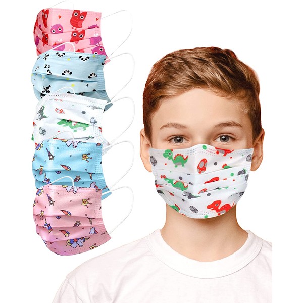 50PC/100 PC - Unisex Kids Comfortable 3-Layers Single Use Cute Patterns Disposable Face Mask with Elastic Earloops