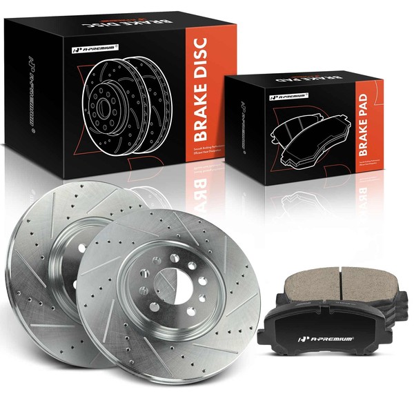 A-Premium 12.99 inch (330mm) Front Drilled and Slotted Disc Brake Rotors + Ceramic Pads Kit Compatible with Select Jeep and Chrysler Models - Cherokee 2018-2022, 200 2015-2017, 6-PC Set