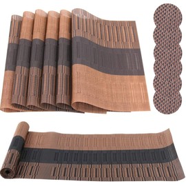 Time to Sparkle 13 PCS Vinyl Woven 6pcs Placemats + 6pcs Coasters+ 1pc Tablecloth Anti-Slip Table Mat Waterproof Heat Resistant Table Mat Decoration (Placemat+Runner-Brown Bamboo)