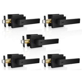 Onateel Privacy Door Levers, 5 Pack Matte Black Door Handles, Keyless Interior Door Knobs with Lock for Bedroom Bathroom, Heavy Duty Square Door Lock, Reversible for Left Right Handled Doors