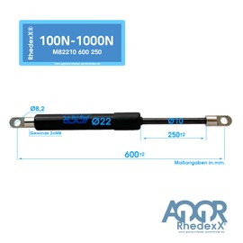 RhedexX® Gas Spring Gas Spring with M8 Thread Eye Mount 600/250/100N-1250N Length: 600 mm Stroke: 250 mm Force: 100N-1,250N (600 N)