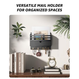 Rebee Vision Decorative Mail Organizer - Wood Key Holder Wall Mount with Storage Drawer and 7 Key Hooks - Home Decor for Organizing Your Entryway, Hallway, or Office (Black)