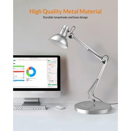 LEPOWER Metal Desk Lamp, Adjustable Goose Neck Architect Table Lamp, Swing Arm Desk Lamp with Clamp, Eye-Caring Reading Lamp for Bedroom, Study Room & Office (Silver)