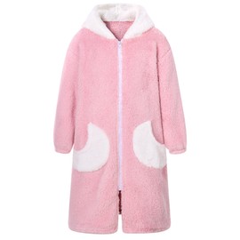 Funnycokid Girls Robes Size 7-8 Pink Solid Color Kids Bathrobe 9 Zip Hooded Bath Robe Soft Fleece Sleepwear Long Sleeve Plush Pajamas