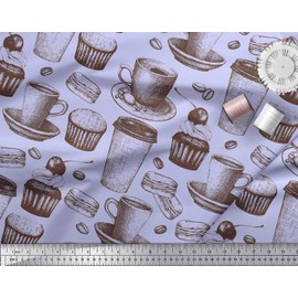 Soimoi Blue Rayon Fabric Burger,Cupcake & Cups Print Fabric by Yard 56 Inch Wide