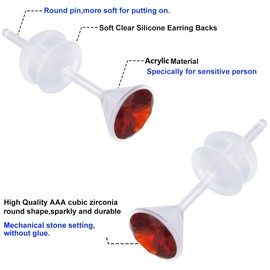 12 Pairs Plastic Earrings for Sensitive Ears, Plastic Post Earrings for Women, Birthstone Cubic Zirconia Stud Earrings Set 5mm