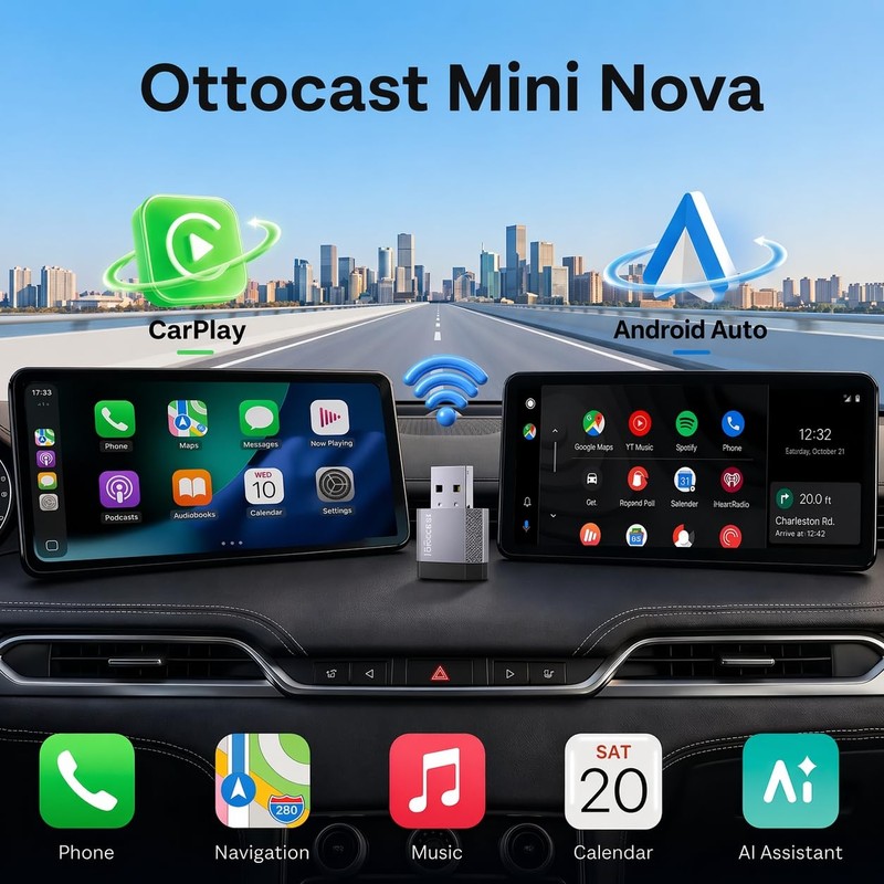 OTTOCAST Mini Nova 2-in-1 Wireless CarPlay & Android Auto AI