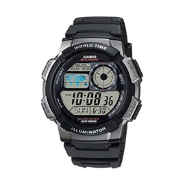 Casio AE1000W Series | Men’s Digital Watch | Black/Black | 100M WR | Multi Alarms | 100 SEC Stopwatch | Countdown Timer | World Map for World Time | LED Light | LC Analog Display | 10 Year Battery