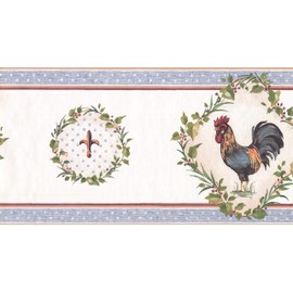 Prepasted Wallpaper Border - Rooster Fleur-de-lis in Wreath White Wall Border Retro Design, Roll 15 ft. x 10 in.