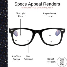 OPTIMUM OPTICAL Blue Light Filtering Scratch-Resistant Lens Wayfarer Frame Magnifying Reading Glasses - Specs Appeal, +1.75