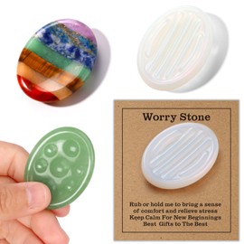 Set of 3 Thumb Worry Stones Green Aventurine Rainbow Striped Opal Anxiety Palm Stone Crystal Hand-Carved Healing Stones with 3 Kraft Cards Grounding Soothing Stones for Anxiety for Relief Meditation