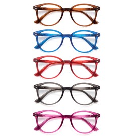 COJWIS Reading Glasses Blue Light Blocking 5 Pack Spring Hinge Fashion Readers for Men and Women Anti Glare Filter Eyeglasses (143-1 5C, 2.00)