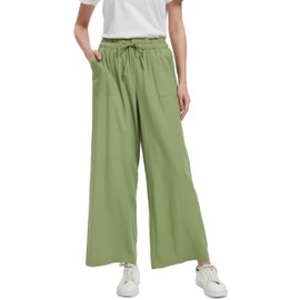 Tronjori Women Linen Blend Palazzo Pants Summer Boho Wide Leg High Waist Casual Lounge Pant with Drawstring(M,Olive)