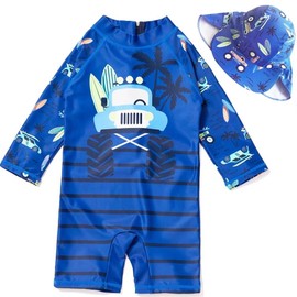 Traje de baño de una pieza para bebés y niños pequeños, con sombrero de sol, protección solar, Coche azul oscuro, 6-9 meses
