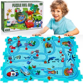 25PCS Puzzle Racer Kids Car Track Set, Rail Car Puzzle Track Ocean Themed Series, Puzzle Track Car Play Set, Toddler Puzzle Track Car, Educational Puzzle Toys Gifts for Kids Boys and Girls
