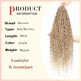 30inch River Faux Locs Crochet Hair Long New Goddess Locs Crochet Hair Omber Blonde Curly Faux Locs Wavy Crochet Hair with Curly Ends Synthetic Hair Extensions 30" 6Packs 27/613#)