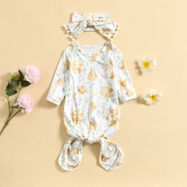 Kavousa Newborn Sleeping Bag Baby Sleep Sack Cap Knotted Gown With Hat Set For Boys Girls Unisex Baby Essentials (F Yellow Flower, 0-3 Months)