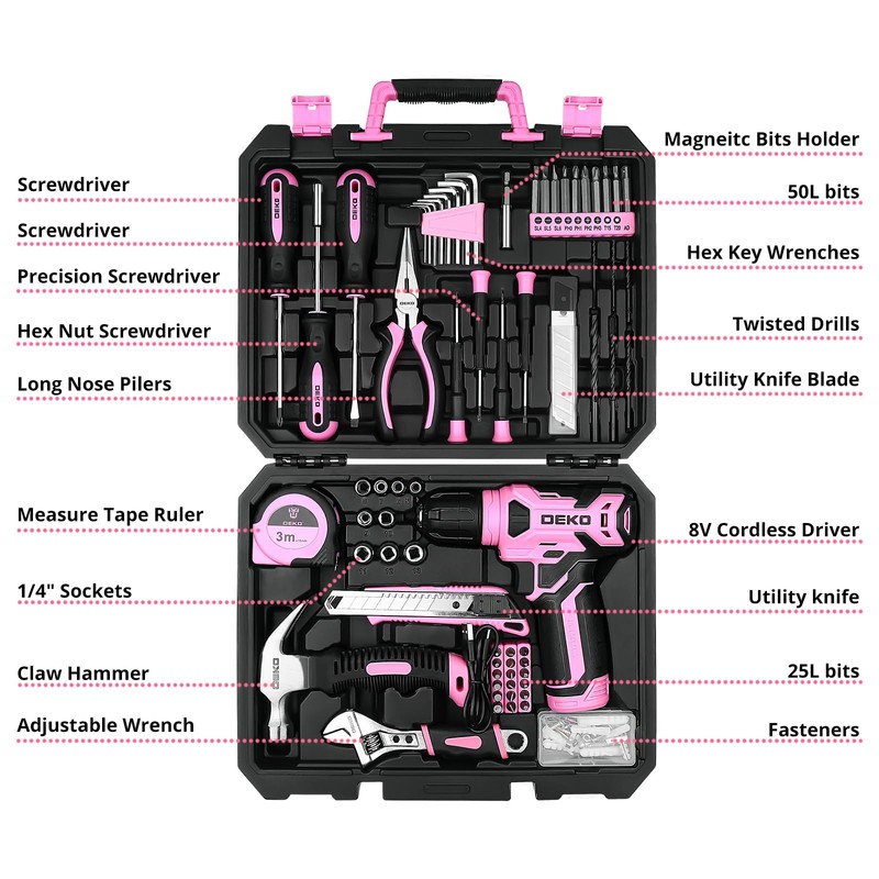 DEKOPRO Drill Set, Home Tool Set with 8V Pink Cordless