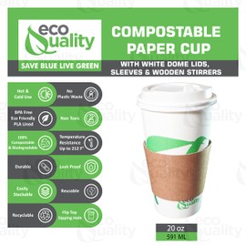 20 oz Compostable Paper Cups with White Dome Lids, Sleeves and Wooden Stirrers - Biodegradable Disposable White Paper Coffee Cups PLA Lined - Eco-friendly Hot and Cold Drinking Cups (100)