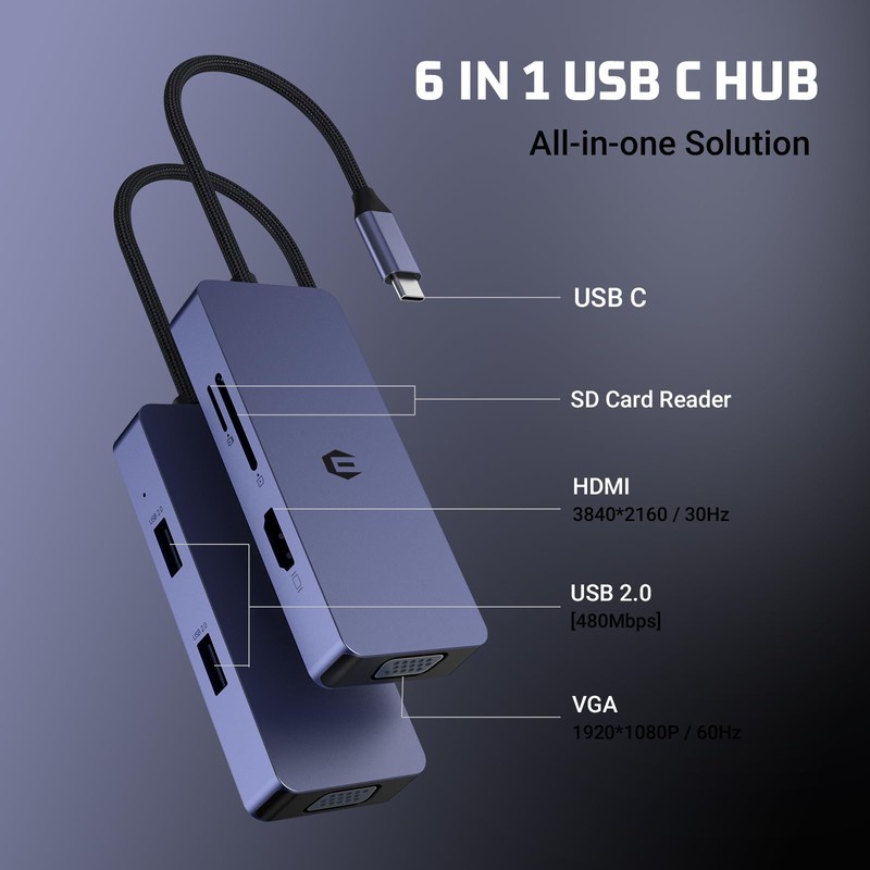 USB C Adapter HUB, USB C Adapter, 6 in 1