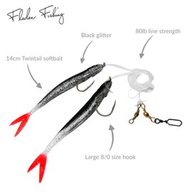 FLADEN Fishing - Deep Sea Cod Glitter Rig Large Size 8/0 Hooks Ready Tied Black or Blue 14cm Twintail Softbait (Size 8/0 Hooks) (Black Glitter)