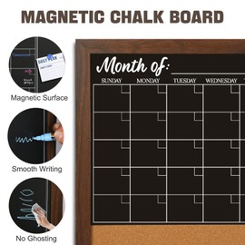 4 THOUGHT Chalkboard Calendar Corkboard Combo, 24" x 36" Large Bulletin Board Magnetic Calendar Chalkboard for Wall Combination Board Monthly Planner Rustic Brown Frame 2 Markers 6 Magnets 4 Pushpins