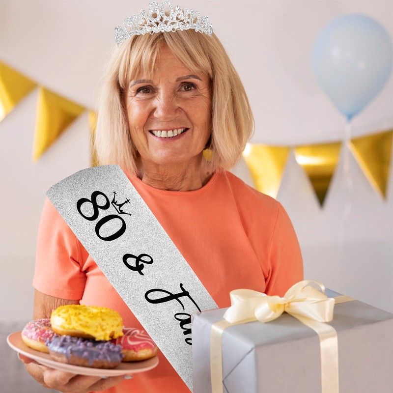 KIUEZIR Silver 80th Crystal Birthday Headband and Sash Set