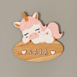 WONDEE Decorazione in Legno Personalizzabile con Nome per Porte e Cameretta Bambini di Unicorno, Regali Personalizzati per Neonato e Neonata, Idee Regalo Battesimo Bambina, Regalo Neonata femmina