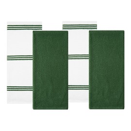 Sticky Toffee 100% Cotton Terry Tea Towel - Dark Green Plain & Stripe Pattern, Pack of 4 | Kitchen Towel Set | Absorbent, Strong, Quick Dry & Machine Washable | Home & Bathroom Accessories