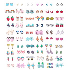 LOLIAS 60 Paar Edelstahl Kinder Süße Ohrringe für Mädchen Ohrstecker Damen Verschiedene Ohrringe Tiere Blume Frucht Perlen Ohrringe Geschenke Hypoallergene Kleine Ohrstecker