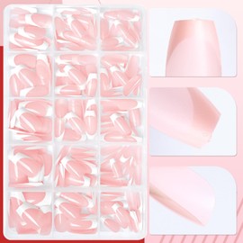 240pc French Tips Press on Nails Short Coffin Fake Nails with Glue Tab, Short Glue on Nails Press ons Nail Coffin French Acrylic Nail Tip Pink Fake False Nails Women Stick Artficial Fingernails