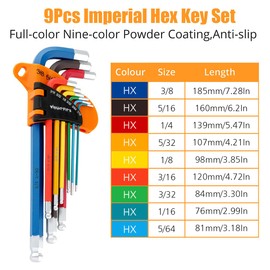 WrightFits Allen Key Set | 9 Pieces Anti-Slip Long Ball Imperial Hex Key Set | Color Coded - Long Arm Rubber Coated Hexagon Key - Allen Keys - 1/16 Inch to 3/8 Inch (Imperial)