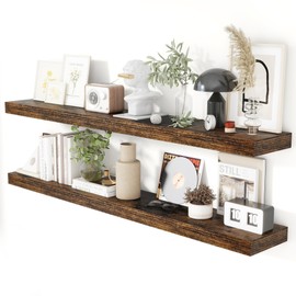 Heimlove 55 Inch Floating Shelves for Wall 8 Inch Deep Rustic Brown Shelves Set of 2,Wall Mounted Rustic Wood Long Floating Shelf，Large Extra Display & Storage Shelf with Invisible Brackets