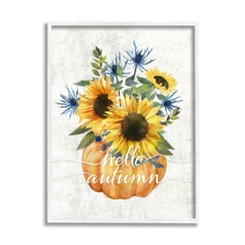 Stupell Industries Hello Autumn Phrase Blue Thistle Sunflower Pumpkin White Framed Wall Art, 11 x 14, Yellow