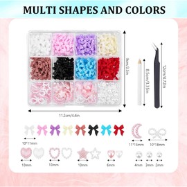 1600 Pcs 3D Nail Charms, Assorted Color Multi Shapes Mix Bow Nail Charms Cute Pearl Heart Star Moon Bowknot Rhinestones Gems Nail Decorations with Pickup Tool for Women Girls Nail DIY Accessories