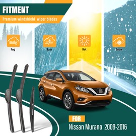 KVQ Windshield Wiper Blades Replacement for Nissan Murano 2009 2010 2011 2012 2013 2014 2015 2016 Original Factory Quality Front Rear Wiper Blade Set - 26" 16" 12" (Set of 3)
