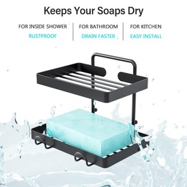 Roseyat Adhesive Bar Soap Holder for Shower Wall with Soap Saver, Soap Dish for Shower Wall, Stainless Steel Soap Dish for Bar Soap with Hooks, 2 Tier Soap Tray for Bathroom, Kitchen, Matt Black