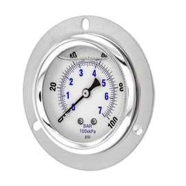 PIC Gauges PRO-204L-254E Panel Mount Front Flanged Glycerin Filled Industrial Pressure Gauge w/ SS Case, Brass Internals, Plastic Lens, 2.5" Dial, 0/100 psi Range, 1/4" Male NPT