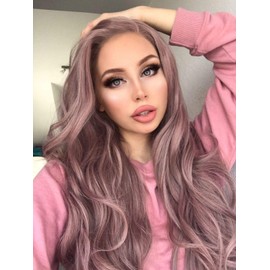 eNilecor Ash Pink Lace Front Wigs,Long Curly Mixed Color Synthetic Hair Replacement Wigs for Women 22 Inches with Wig Cap (Ash Pink)