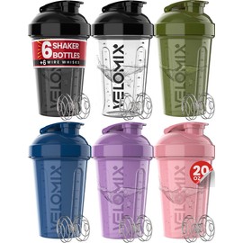 VELOMIX -6 PACK- 20 oz Protein Shaker Bottle for Protein Mixes - 6x Wire Whisk | Leak Proof Shaker Cups for Protein Shakes| Stackable Protein Shaker Bottle Pack | Dishwasher Safe (Muted Contrast)
