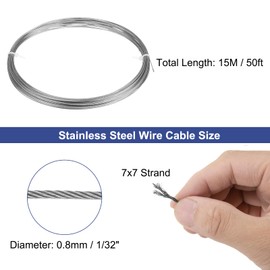 uxcell 1/32"(0.8mm) 304 Stainless Steel Cable Wire Rope 7x7 Strands Core 50ft (15M) Aircraft Wire for Construction Outdoors Marine Rigging Decking Railings