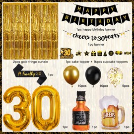 30th Birthday Decorations for Him, Happy 30th Birthday Decorations with 30th Birthday Balloons, Cheers to 30 Years Banner, Black and Gold Balloons and Foil Balloons for 30th Birthday Decor