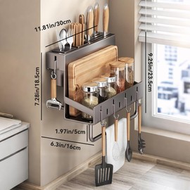 Multifunctional Wall-Mounted Knife Holder Kitchen Utensils Holder Spice Storage Organizer Rack for Knives, Spoons, Chopsticks, Towels, Pot Lids, Spice Jars (Grey)