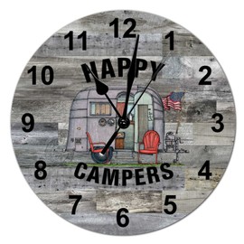 Rustic Chic 12x12in Modern Round Wood Wall Clock Arabic Numerals Clock Battery Operated Silent Non-Ticking Camping Theme Happy Campers Wall Clocks for Cottage Living Room Bedroom Office Decorate