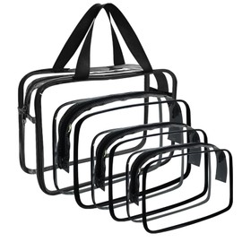 YOQIVEXU 4 Packs Large Clear Makeup Bag, Waterproof Clear Comestic Toiletry Organizer Bags with Handle, Reusable PVC Storage Bags with Zipper for Travel (4, Black)