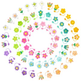 63PCS Colorful Flower Theme Polygonal Straw Cover Caps for Tumbler Cup,3D Drinking Straw Topper,0.4in/10mm Dust-Proof Reusable Straw Tips Lids,Bulk PVC Straw Protector for Party Gifts(Colorful Flower)