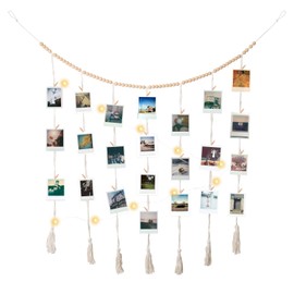 Pumwoy Wall Hanging Photo Display 120 * 90cm, DIY Wood Picture Frames Collage with String Lights & 45 Clips, Collage Picture Frame For Boho Photo Wall Display, Boho Style Collage Photo Frame