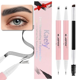 evpct Kaely 2Pcs Black Magic Microblading Dual-Ended Eyebrow Contouring Pen Brow Pencil, with 4 Brush Micro-Fork-Tips Applicator and Precise Brush-Tip, Hair Like Strokes, with Dual-ended Eyebrow Brush