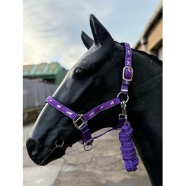 Horse Headcollar and Lead Rope Set, Pink with Horse Print Pattern, Padded Nubuck (Purple, Pony)