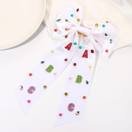 Boderier Teacher Gifts Hair Bows for Women Beaded ABC Hair Bow Clips Large Jeweled Satin Ribbon Bow Barrette Hair Clip Back To School Teacher Must Haves Accessories ABC White